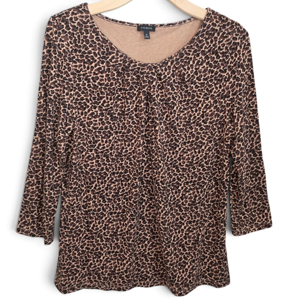 Talbots Top Womens Medium Leopard Print Pleated Scoop Neck 3/4 Sleeve Knit Shirt